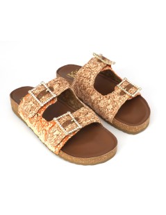 Ekp Ciabatta Arizona Doppia Fibbia Strass Rafia Arancio Marrone