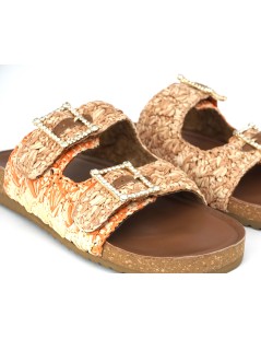 Ekp Ciabatta Arizona Doppia Fibbia Strass Rafia Arancio Marrone