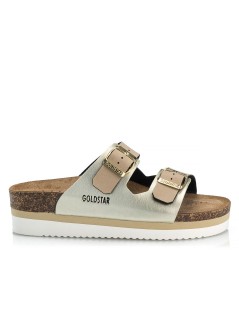Goldstar Ciabatta Zeppa Media Doppia Fascia Fibbie Platino