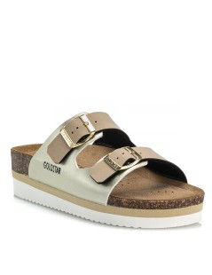 Goldstar Ciabatta Zeppa Media Doppia Fascia Fibbie Platino