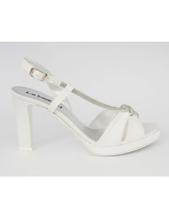 Le Beatrici Sandalo Sposa Tacco Blocchetto Trasversale Strass Raso Bianco