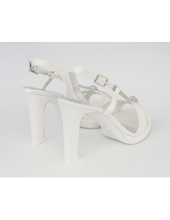 Le Beatrici Sandalo Sposa Tacco Blocchetto Trasversale Strass Raso Bianco
