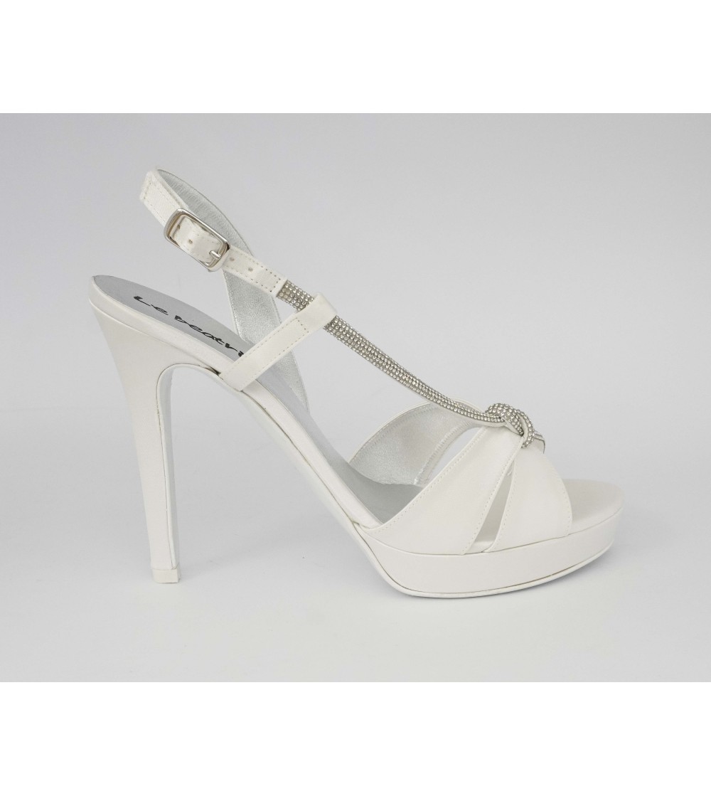 Le Beatrici Sandalo Sposa Tacco Spillo Trasversale Strass Raso Bianco