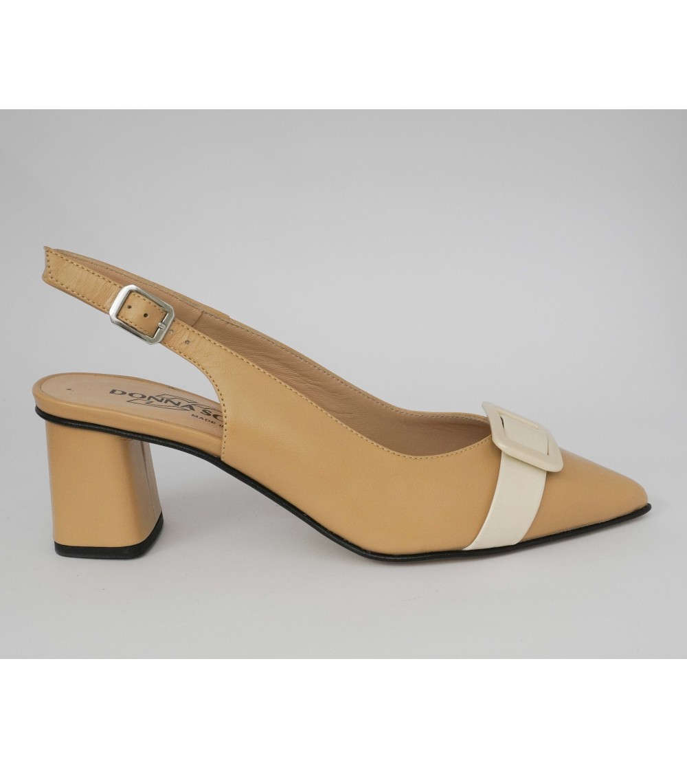 Donna Soft Slingback Tacco Largo Fibbia Nappa Beige Cognac