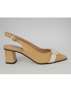 Donna Soft Slingback Tacco Largo Fibbia Nappa Beige Cognac
