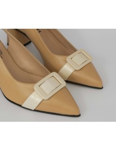Donna Soft Slingback Tacco Largo Fibbia Nappa Beige Cognac