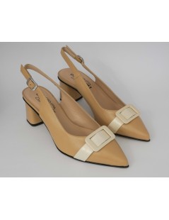 Donna Soft Slingback Tacco Largo Fibbia Nappa Beige Cognac