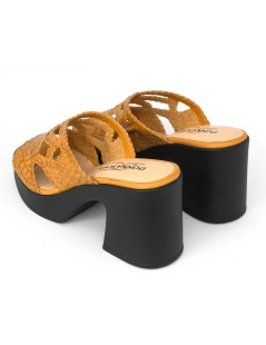 Donna Soft Ciabatta Zeppatacco Monofascia Intreccio Senape