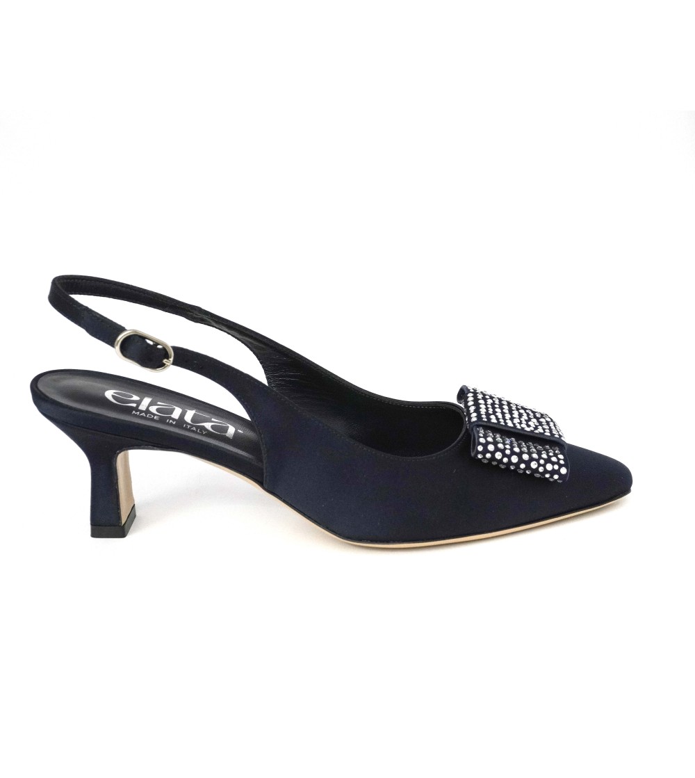 Elata Slingback Tacco Medio Fiocco Strass Raso Blu