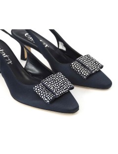Elata Slingback Tacco Medio Fiocco Strass Raso Blu