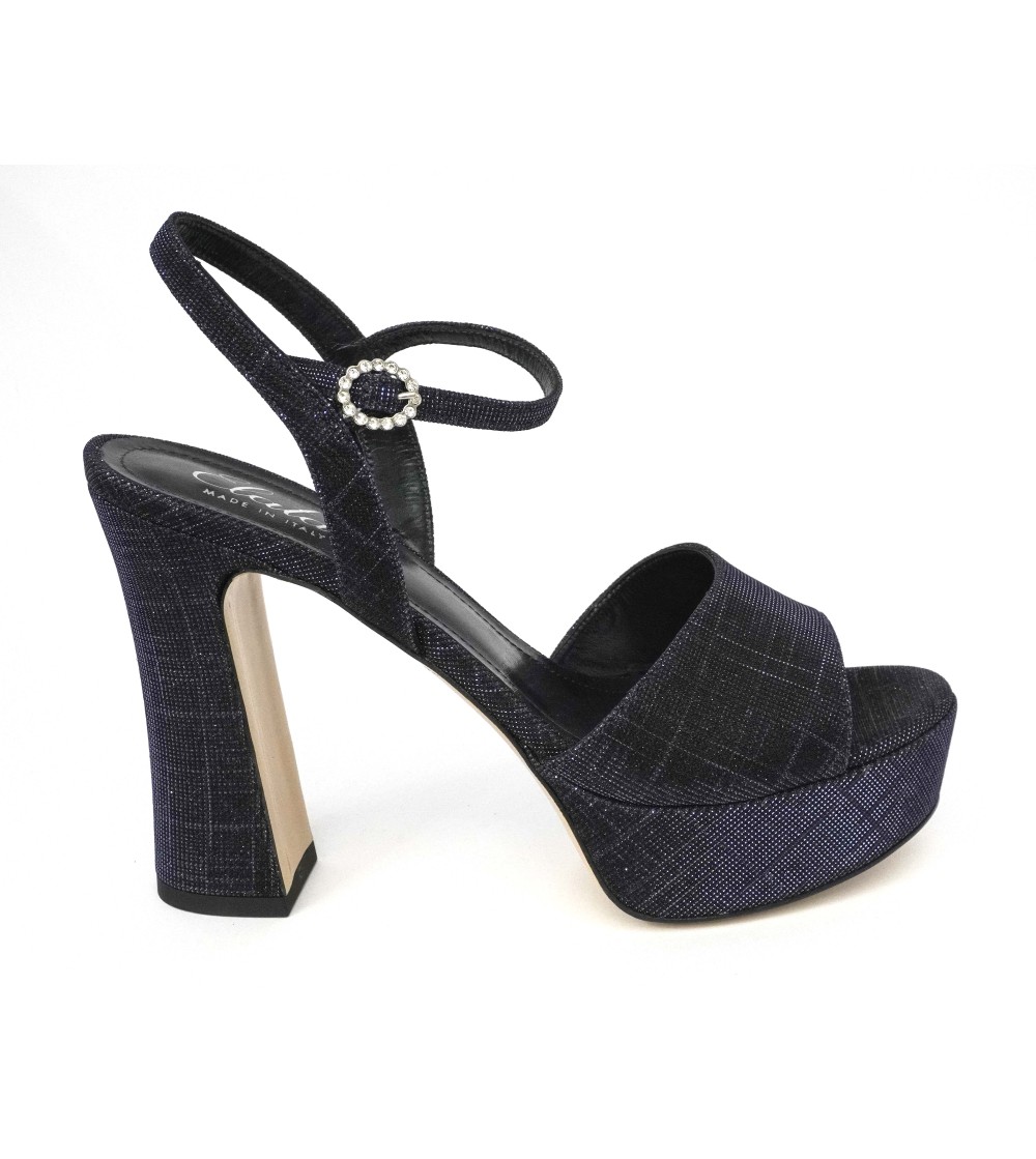 Elata Sandalo Elegante Tacco Plateau Alto Tessuto Glitter Blu