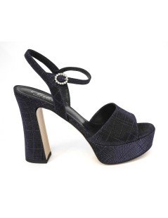 Elata Sandalo Elegante Tacco Plateau Alto Tessuto Glitter Blu