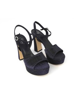Elata Sandalo Elegante Tacco Plateau Alto Tessuto Glitter Blu