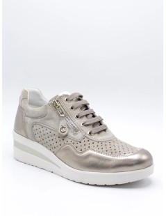 Cinzia Soft Sneakers Traforata Zeppa Dettagli Laminati Zip Sabbia