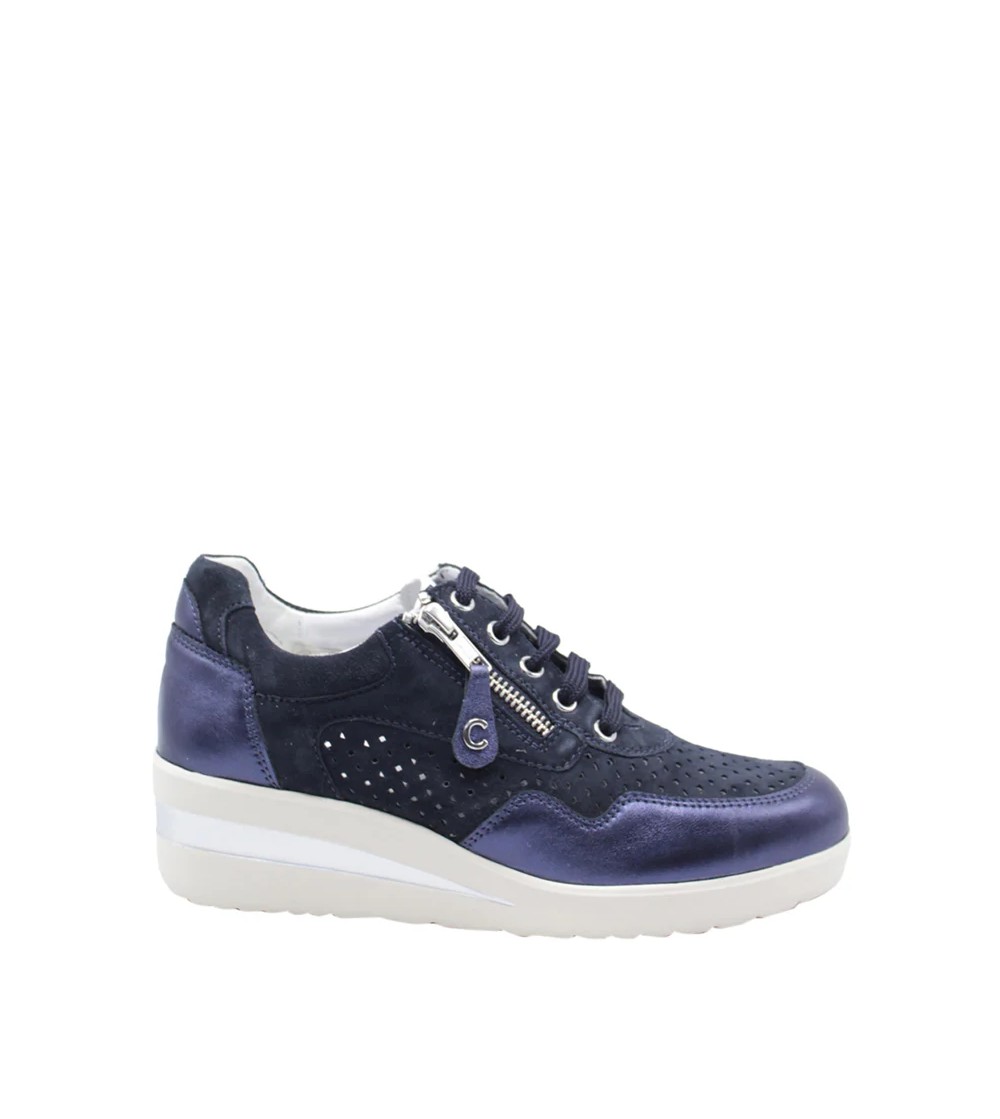 Cinzia Soft Sneakers Trafaorata Zeppa Dettagli Laminati Zip Blu