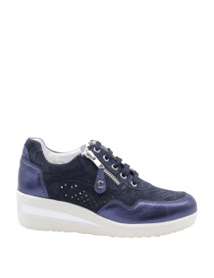 Cinzia Soft Sneakers Trafaorata Zeppa Dettagli Laminati Zip Blu