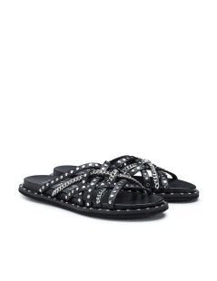 Cult Ciabatta Multi Fasce Incrociate Borchie Catene Nero