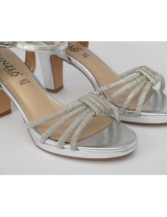 Cinzia Soft Sandalo Plateau Multifasce Strass Vernice Argento