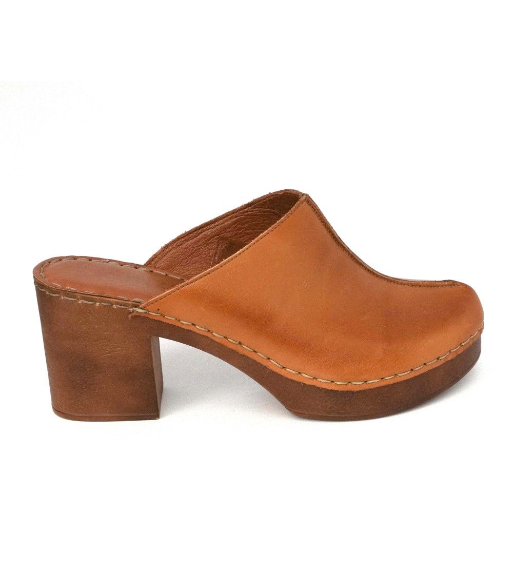 Cinzia Soft Sabot Zeppa Tacco Legno Cuciture Cuoio