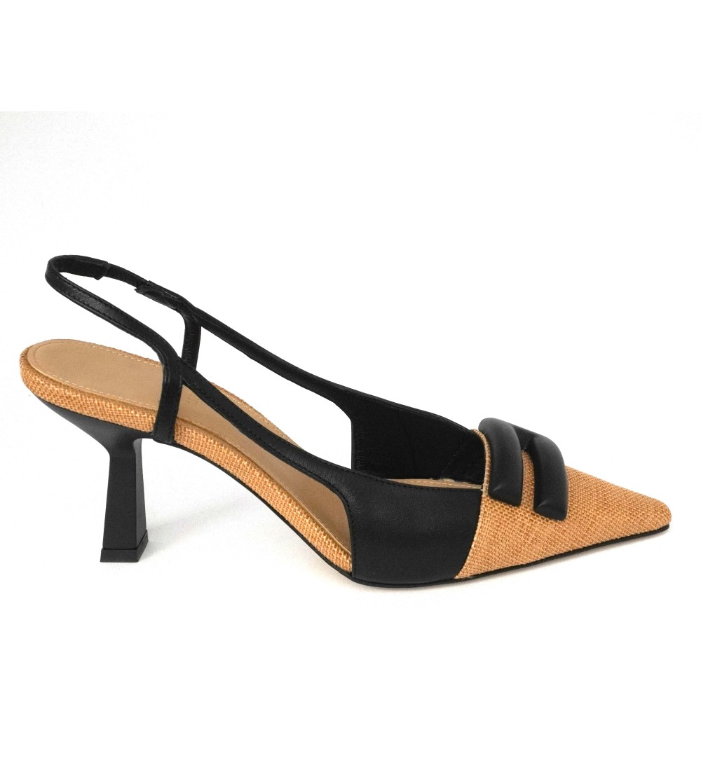 Chantal Slingback Tacco Puntale Logo Tessuto Camel Nero
