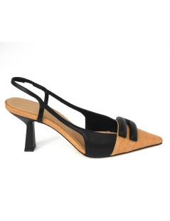 Chantal Slingback Tacco Puntale Logo Tessuto Camel Nero