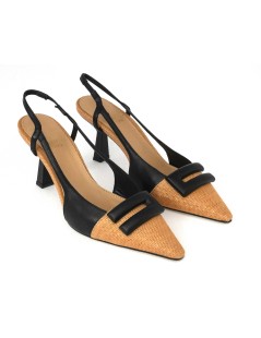 Chantal Slingback Tacco Puntale Logo Tessuto Camel Nero