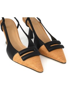 Chantal Slingback Tacco Puntale Logo Tessuto Camel Nero