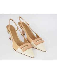 Chantal Slingback Tacco Puntale Logo Tessuto Latte Beige