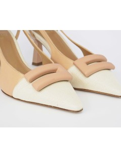 Chantal Slingback Tacco Puntale Logo Tessuto Latte Beige