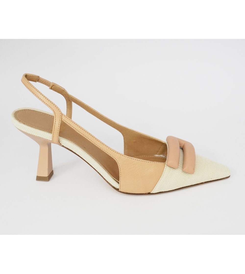 Chantal Slingback Tacco Puntale Logo Tessuto Latte Beige