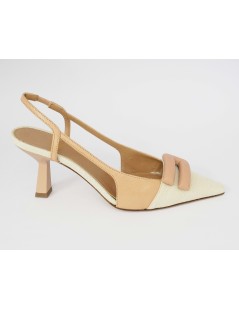 Chantal Slingback Tacco Puntale Logo Tessuto Latte Beige