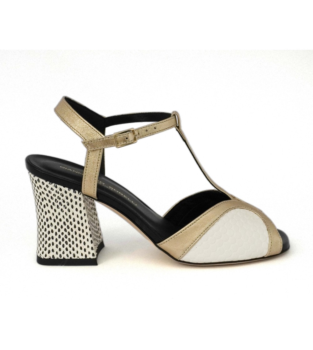 Gianmarco Sorelli Sandalo Alba Tacco T Bar Nappa Bianco Oro