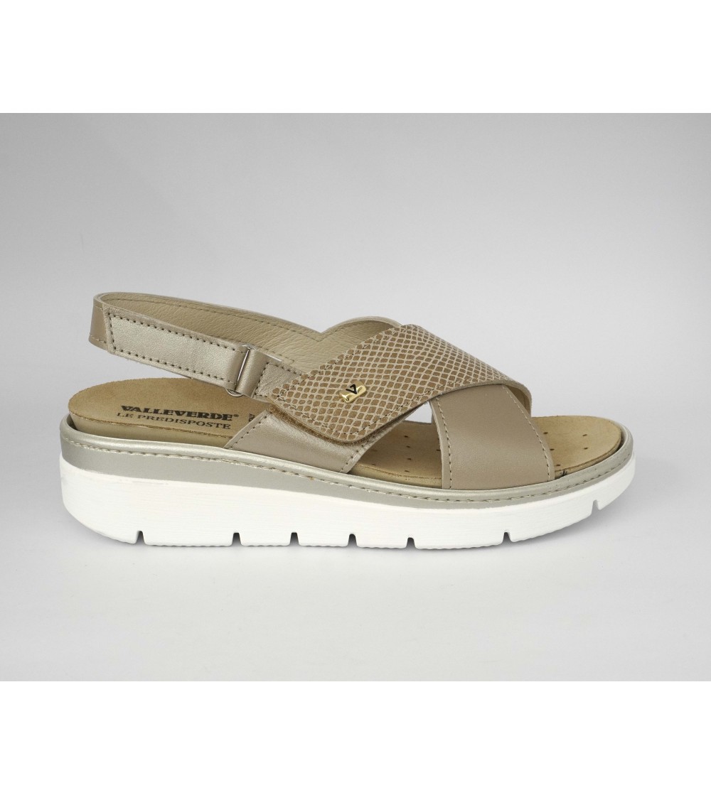 Valleverde Sandalo Predisposto Incrocio Velcro Laminato Beige Oro