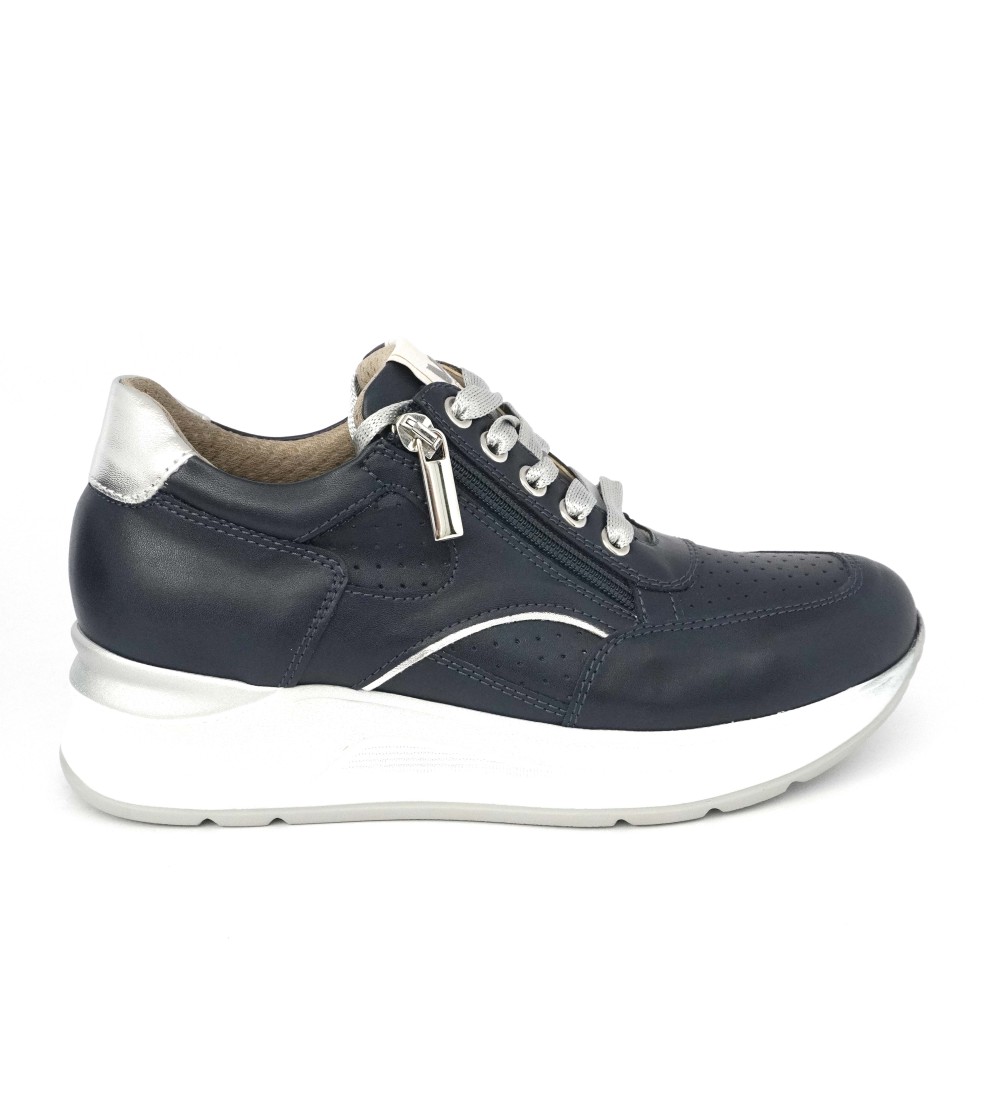 Valleverde Sneakers Zeppa Alta Zip Pelle Traforata Blu