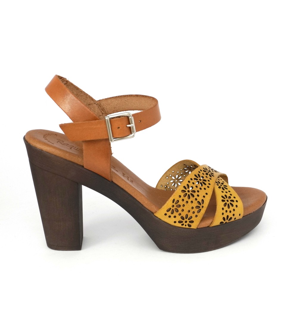 Raquel Perez Sandalo Tacco Plateau Gel Pelle Cuoio Giallo