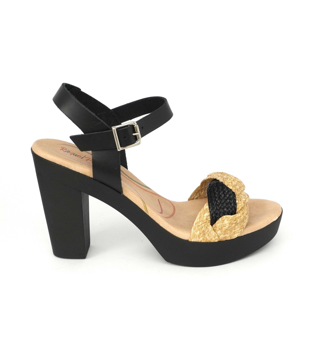 Raquel Perez Sandalo Tacco Plateau Gel Treccia Rafia Beige Nero