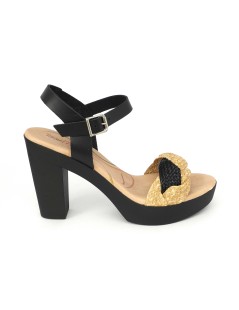 Raquel Perez Sandalo Tacco Plateau Gel Treccia Rafia Beige Nero