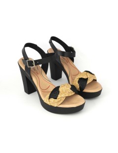 Raquel Perez Sandalo Tacco Plateau Gel Treccia Rafia Beige Nero