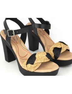 Raquel Perez Sandalo Tacco Plateau Gel Treccia Rafia Beige Nero