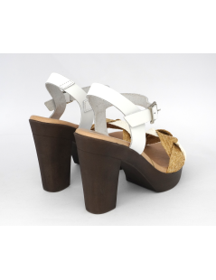 Raquel Perez Sandalo Tacco Plateau Gel Treccia Rafia Bianco Beige
