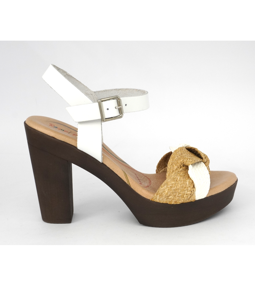 Raquel Perez Sandalo Tacco Plateau Gel Treccia Rafia Bianco Beige