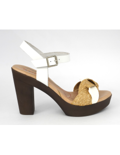 Raquel Perez Sandalo Tacco Plateau Gel Treccia Rafia Bianco Beige