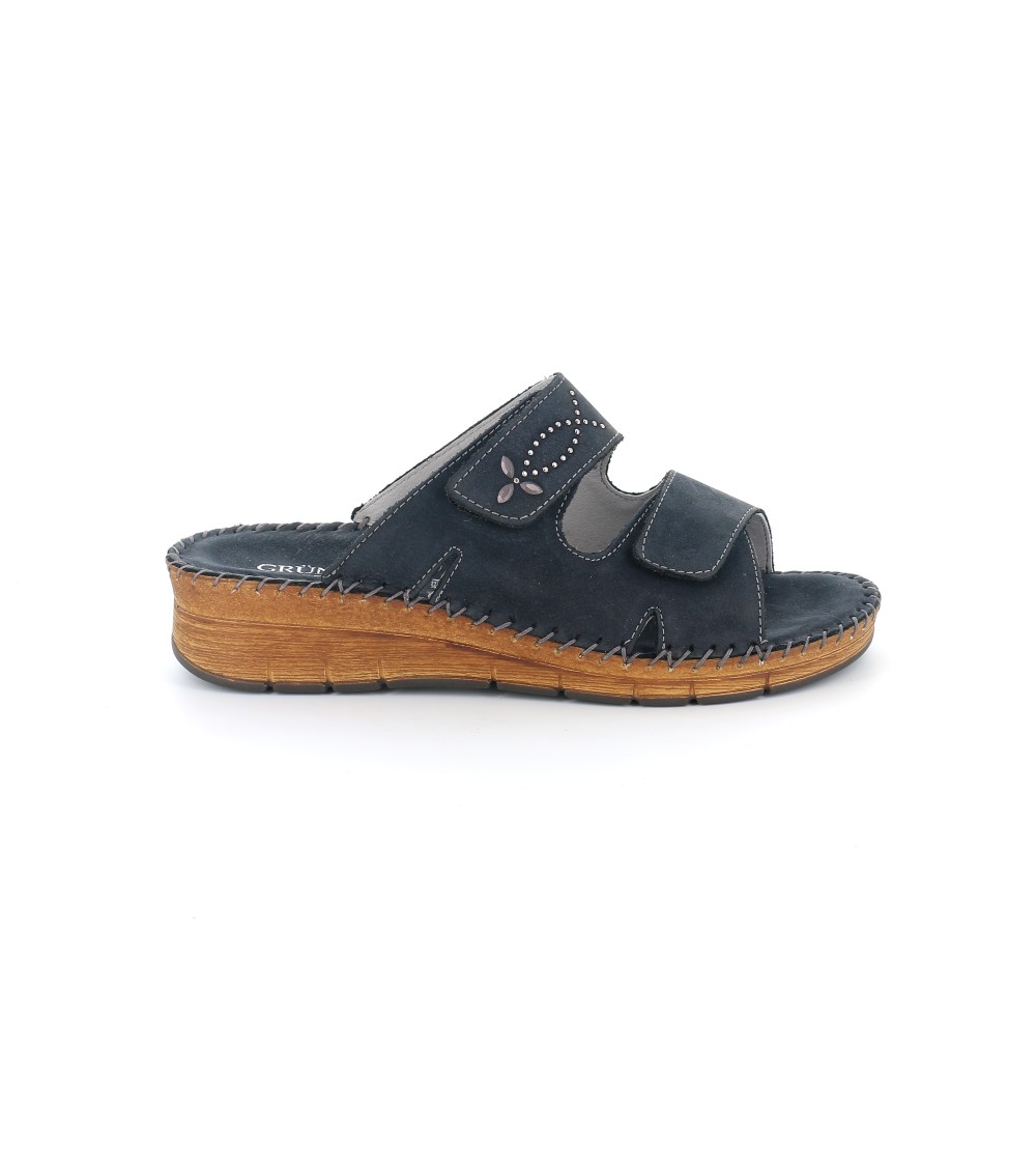 Grunland Ciabatta Zeppa Cucita Fasce Velcri Lati Semichiusi Blu