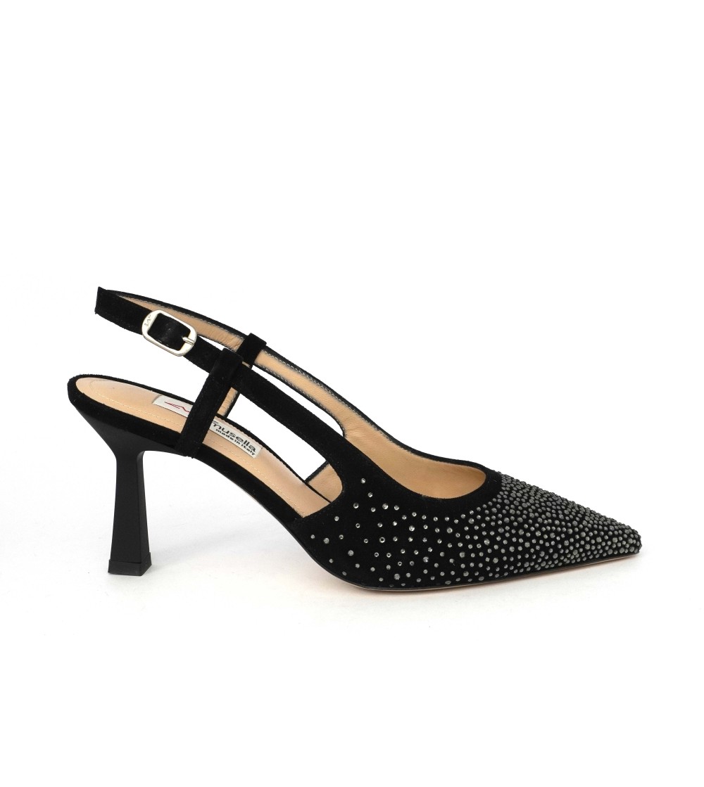 Musella Slingback Eleganti Tacco Medio Camoscio Strass Nero