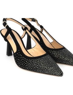Musella Slingback Eleganti Tacco Medio Camoscio Strass Nero