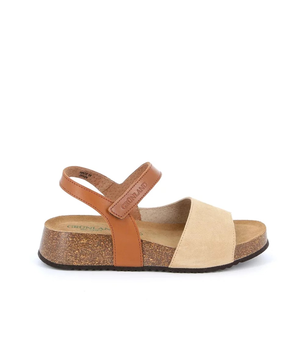 Grunland Sandalo Zeppa Fascia Camoscio Braccialetto Velcro Beige