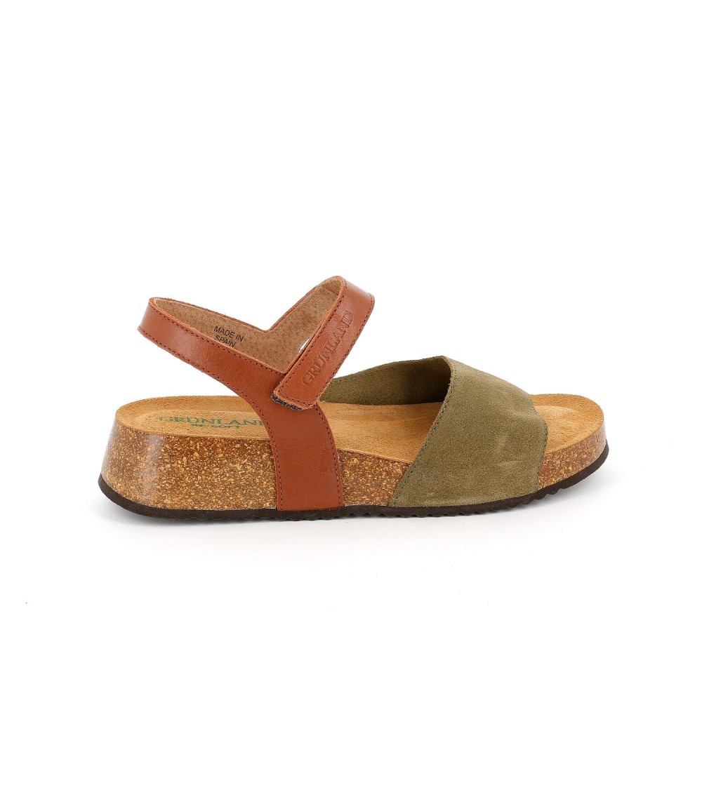 Grunland Sandalo Zeppa Fascia Camoscio Braccialetto Velcro Oliva