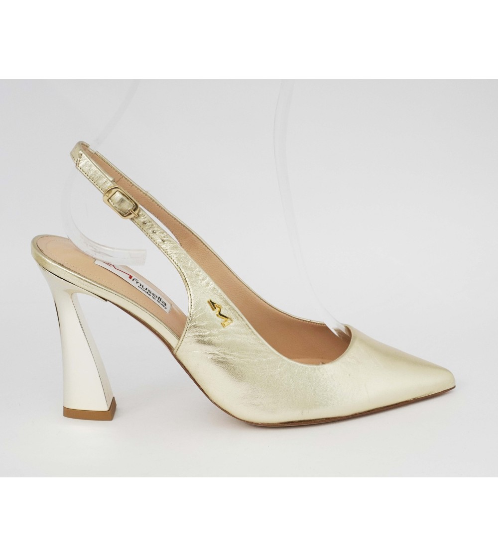Musella Slingback Tacco Alto Punta Laminato Platino