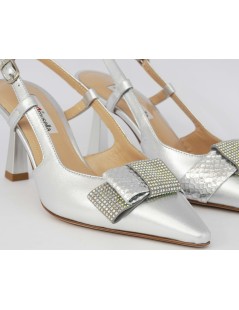 Musella Slingback Eleganti Tacco Medio Fiocco Strass Argento