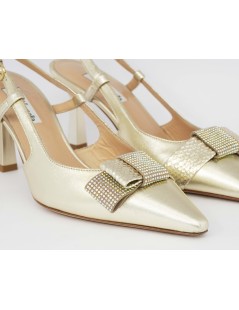 Musella Slingback Eleganti Tacco Medio Fiocco Strass Platino